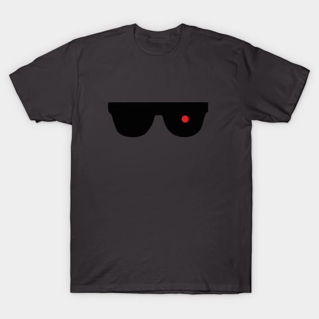 Dark gray T-shirt featuring a minimalist black sunglasses design with a red dot, casual style, unisex cotton fabric.
