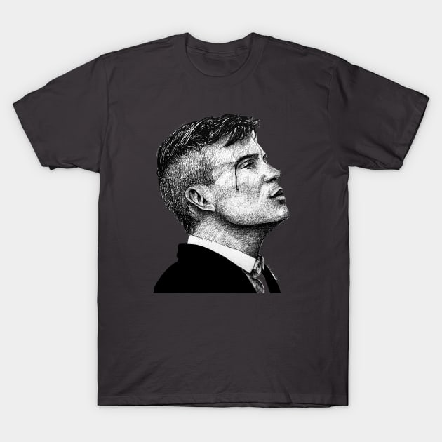 Black graphic t-shirt featuring an artistic side profile sketch, casual wear, cotton material, unisex design.