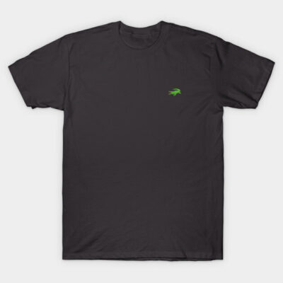 Black cotton t-shirt with small green embroidered logo, casual style for everyday wear.