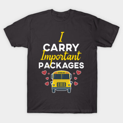 Black t-shirt with "I Carry Important Packages" text and yellow school bus graphic, casual style, cotton material.