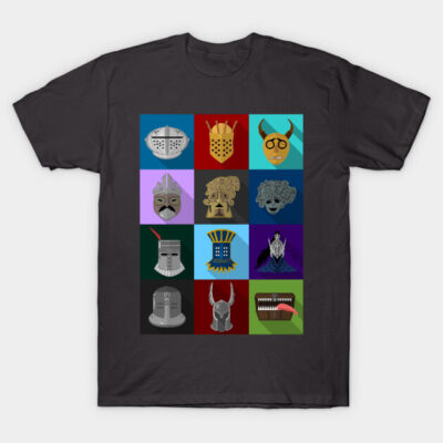 Black t-shirt featuring colorful medieval helmet illustrations, perfect for casual wear or gifting. Cotton material.