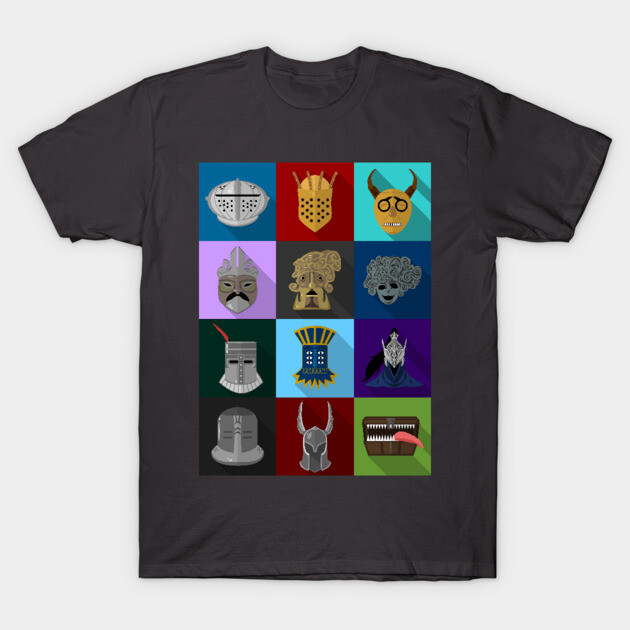 Black t-shirt featuring colorful medieval helmet illustrations, perfect for casual wear or gifting. Cotton material.