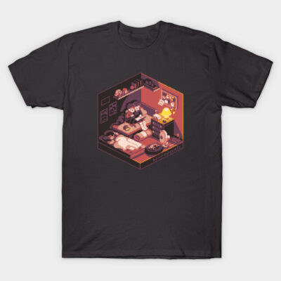 Black t-shirt with pixel art design, featuring a cozy room scene, ideal for casual wear and graphic art lovers.