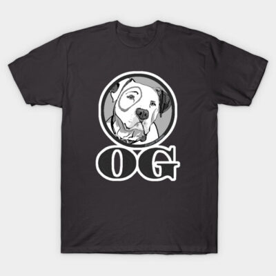 Black t-shirt with dog graphic and "OG" text, casual style, cotton material, ideal for pet lovers.