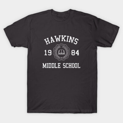 Black Hawkins Middle School 1984 T-shirt, casual unisex style, cotton material, vintage school logo design.