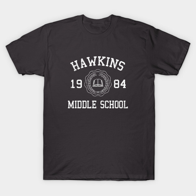 Black Hawkins Middle School 1984 T-shirt, casual unisex style, cotton material, vintage school logo design.