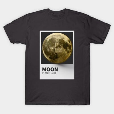 Black t-shirt featuring a moon graphic with a Bitcoin symbol, ideal for casual wear, cotton material.