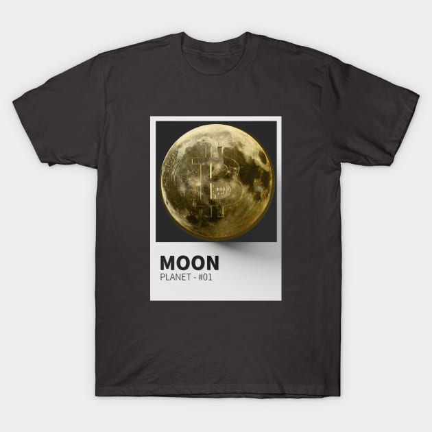 Black t-shirt featuring a moon graphic with a Bitcoin symbol, ideal for casual wear, cotton material.
