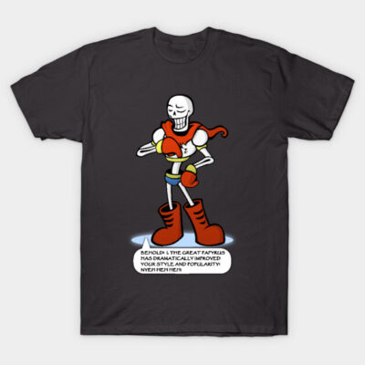 Black graphic t-shirt featuring a cartoon skeleton character with red boots and scarf, suitable for casual wear.