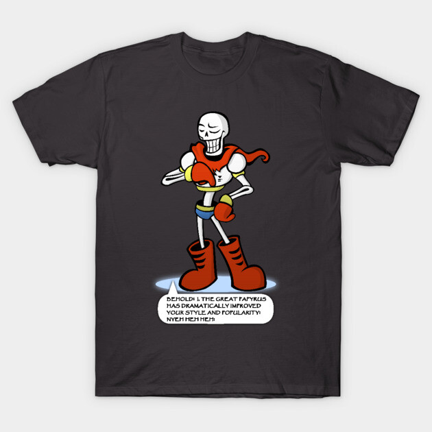 Black graphic t-shirt featuring a cartoon skeleton character with red boots and scarf, suitable for casual wear.