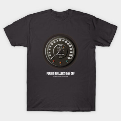 Black graphic t-shirt featuring vintage speedometer design with "Ferris Bueller's Day Off" text, casual style.