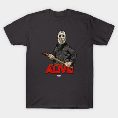 Black graphic t-shirt with horror-themed design, featuring masked figure and bold red text, ideal for casual wear.