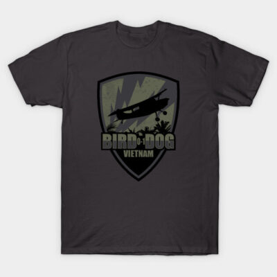 Dark gray "Bird Dog Vietnam" graphic t-shirt, featuring vintage aircraft design, short-sleeve cotton casual wear.