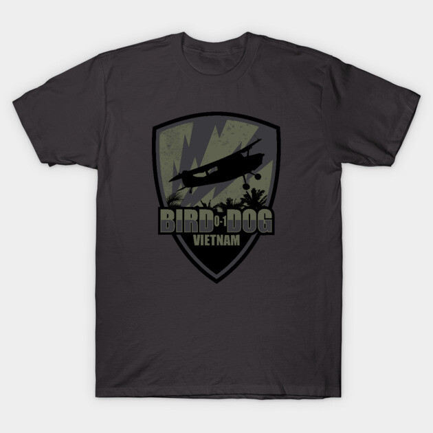 Dark gray "Bird Dog Vietnam" graphic t-shirt, featuring vintage aircraft design, short-sleeve cotton casual wear.