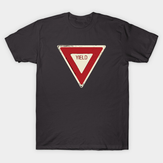 Black T-shirt with vintage-style yield sign graphic, casual wear, cotton material, unisex design.
