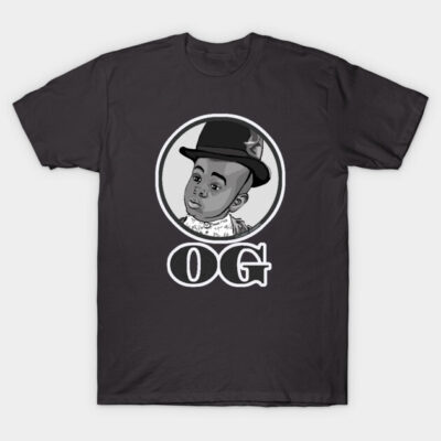 Black graphic T-shirt with cartoon baby in hat design and "OG" text, perfect for casual wear, cotton material.