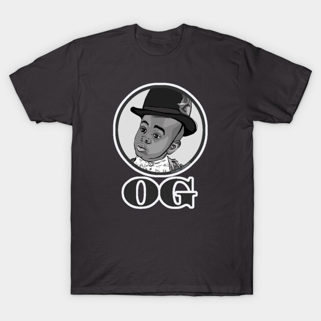 Black graphic T-shirt with cartoon baby in hat design and "OG" text, perfect for casual wear, cotton material.