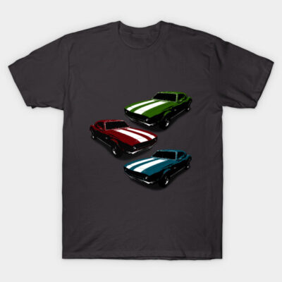 Charcoal gray t-shirt with vintage car design in red, green, and blue. Casual wear, cotton material, unisex style.
