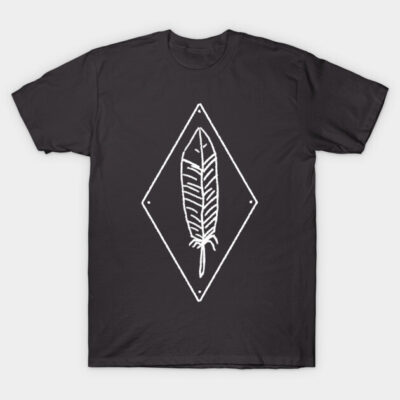 Black t-shirt with white feather graphic, geometric design, casual style, 100% cotton, unisex fit, ideal for everyday wear.