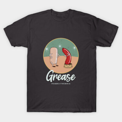 Black t-shirt with "Grease" graphic, featuring cartoon hotdog and bun. Casual wear, cotton blend, unisex style.