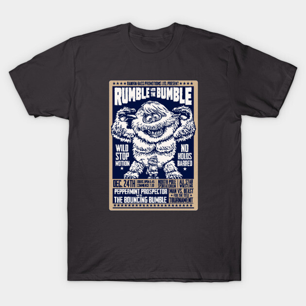 Black graphic T-shirt featuring "Rumble the Bumble" design, perfect for casual wear.