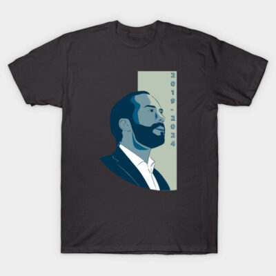 Dark gray graphic t-shirt featuring stylized portrait and text "2019-2024," ideal for casual wear.