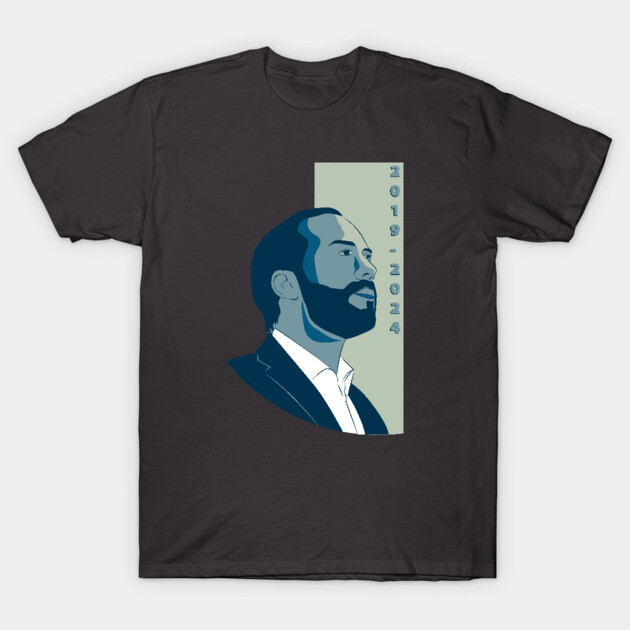 Dark gray graphic t-shirt featuring stylized portrait and text "2019-2024," ideal for casual wear.