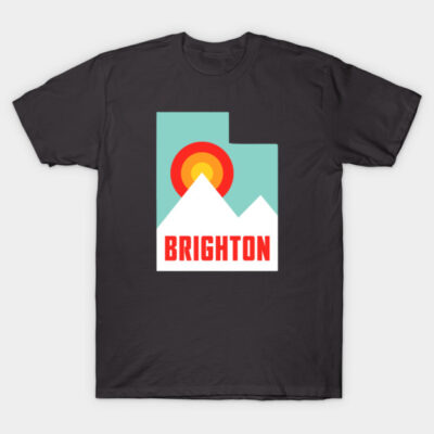 Black t-shirt with colorful mountain graphic and "Brighton" text, casual style, cotton material, unisex design.