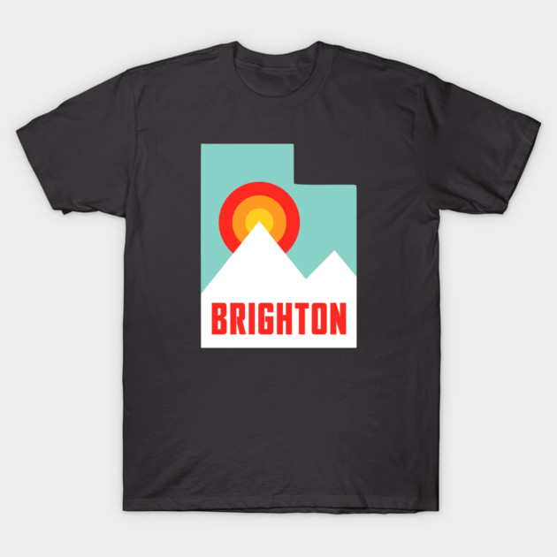 Black t-shirt with colorful mountain graphic and "Brighton" text, casual style, cotton material, unisex design.