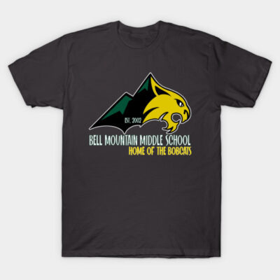 Black t-shirt with "Bell Mountain Middle School" logo, featuring a yellow bobcat and mountain design. Casual wear.