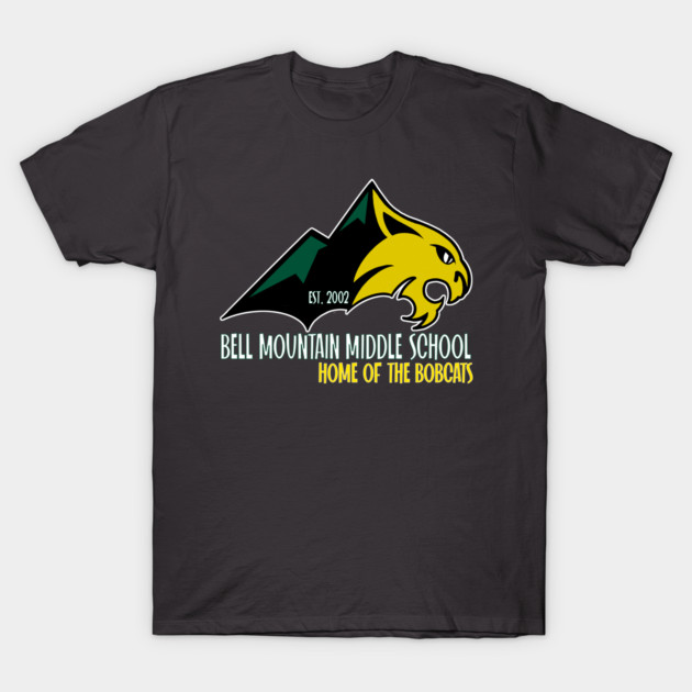 Black t-shirt with "Bell Mountain Middle School" logo, featuring a yellow bobcat and mountain design. Casual wear.