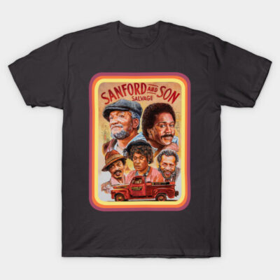 Black Sanford and Son graphic tee, retro TV show design, casual wear, soft cotton fabric for comfort and style.