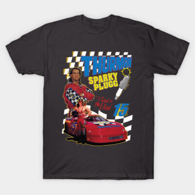 Black racing-themed graphic t-shirt featuring colorful car and checkered flag design, ideal for motorsport enthusiasts.