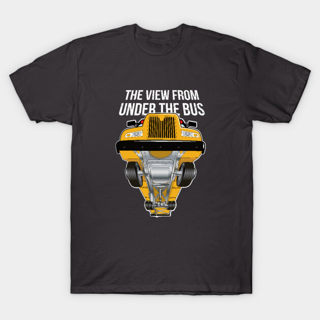 Black graphic t-shirt with yellow bus design and "The View From Under The Bus" text, casual wear, cotton material.