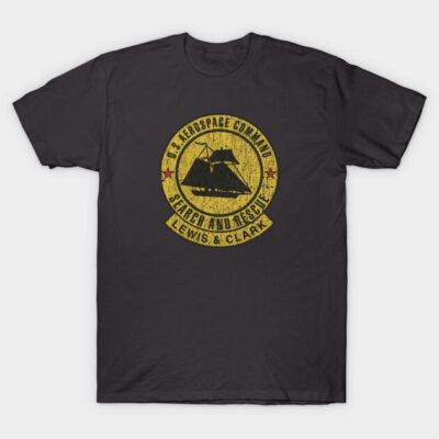 Black t-shirt with vintage yellow emblem design, featuring aerospace theme, ideal for casual wear. Cotton material.