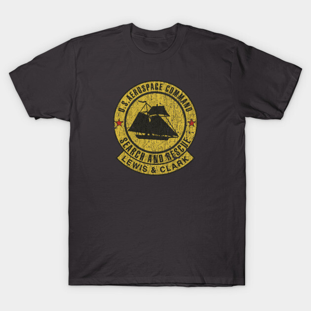Black t-shirt with vintage yellow emblem design, featuring aerospace theme, ideal for casual wear. Cotton material.