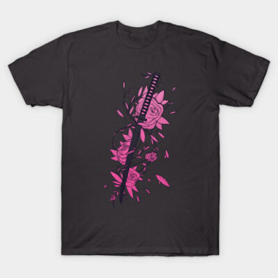 Black T-shirt with pink rose and sword graphic design, casual style, cotton material, unisex fit.