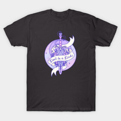 Black graphic t-shirt with purple sword and "Don't be a Dick" text, casual wear, cotton blend, unisex design.