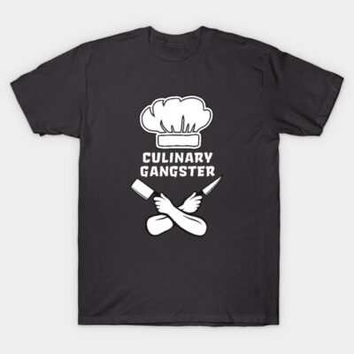 Black "Culinary Gangster" T-shirt with chef design, perfect for cooking enthusiasts. Comfortable cotton material.