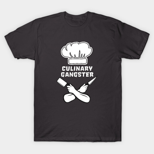 Black "Culinary Gangster" T-shirt with chef design, perfect for cooking enthusiasts. Comfortable cotton material.