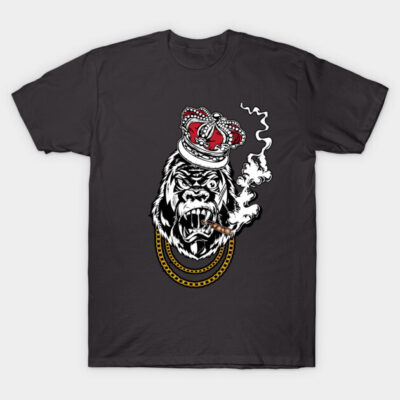 Black t-shirt featuring a graphic of a crowned gorilla with a cigar and chain, ideal for casual wear.