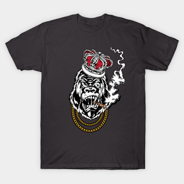 Black t-shirt featuring a graphic of a crowned gorilla with a cigar and chain, ideal for casual wear.