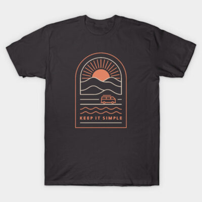 Black t-shirt with orange minimalist landscape graphic, featuring sun, mountains, van, and "Keep It Simple" text. Casual wear.