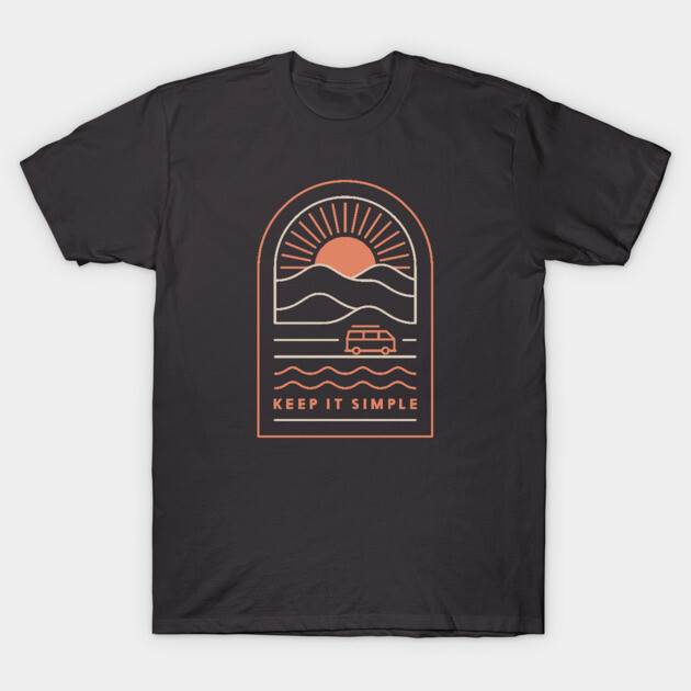 Black t-shirt with orange minimalist landscape graphic, featuring sun, mountains, van, and "Keep It Simple" text. Casual wear.