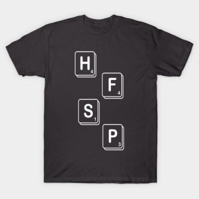Black t-shirt with Scrabble tile design spelling "HFSP," casual style, soft cotton fabric, perfect for everyday wear.