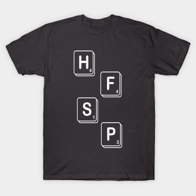 Black t-shirt with Scrabble tile design spelling "HFSP," casual style, soft cotton fabric, perfect for everyday wear.