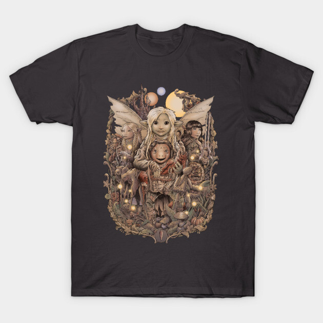 Black t-shirt featuring a whimsical fantasy illustration with fairies and nature details, perfect for casual wear.