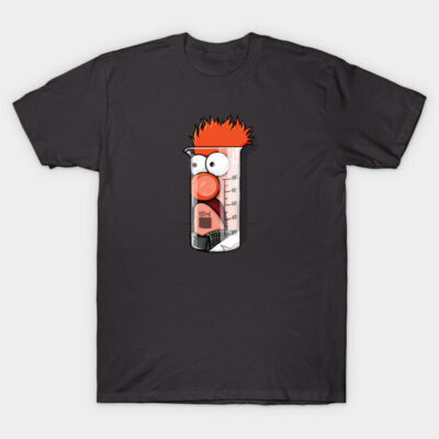 Black t-shirt with quirky cartoon beaker design, featuring orange hair and expressive face, casual and fun style.