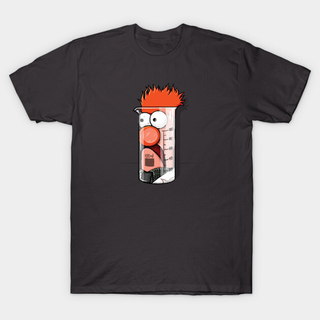 Black t-shirt with quirky cartoon beaker design, featuring orange hair and expressive face, casual and fun style.