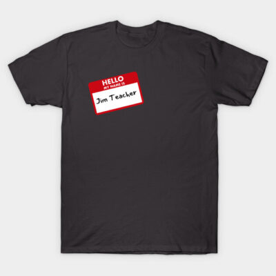 "Black cotton t-shirt with red name tag graphic design, casual style, perfect for everyday wear"